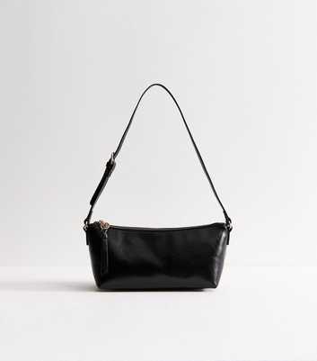 Black Faux Leather Crocodile Embossed Baguette Shoulder Bag