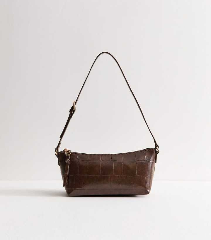 Dark Brown Faux Leather Crocodile Embossed Baguette Shoulder Bag