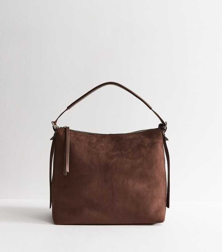 Dark Brown Faux Suede Hobo Shoulder Bag