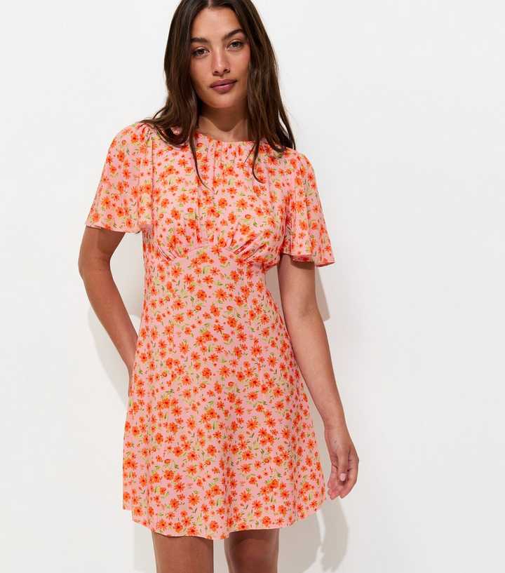 Orange Floral Flutter Sleeve Mini Dress