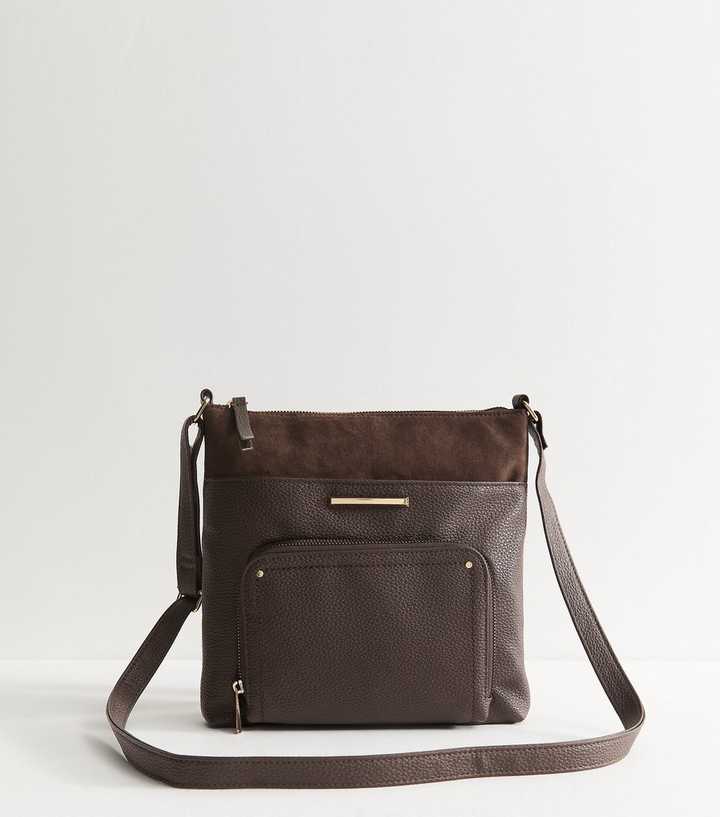 Dark Brown Faux Leather and Suede Messenger Bag