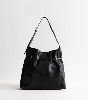 Black Faux Leather Belted Hobo Shoulder Bag