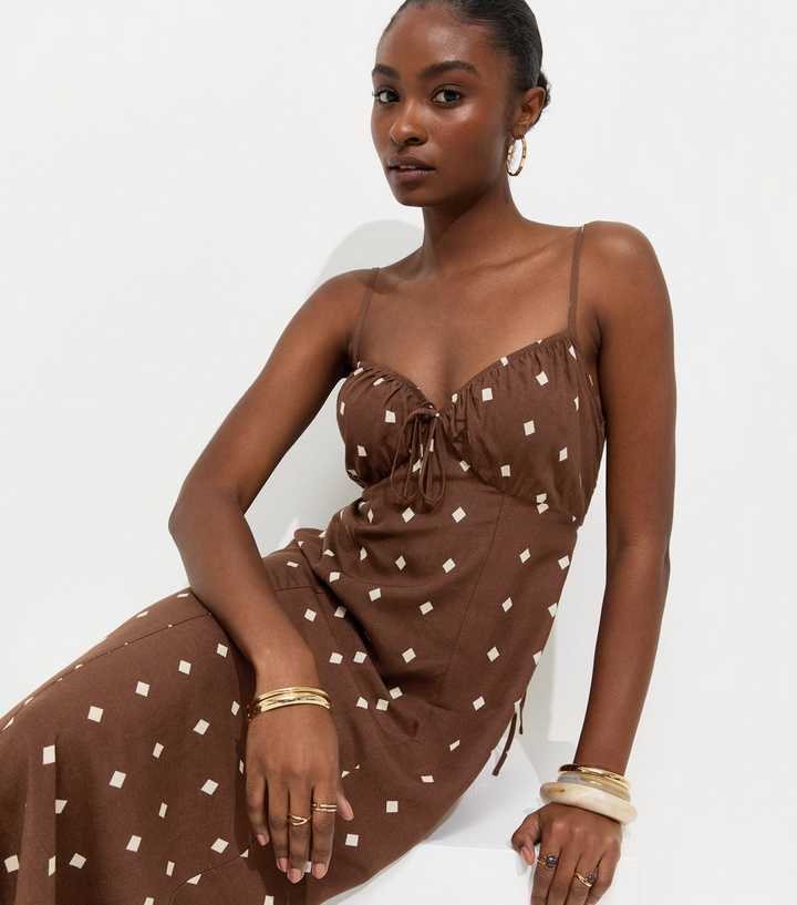 Brown With Linen Diamond Strappy Midi Dress