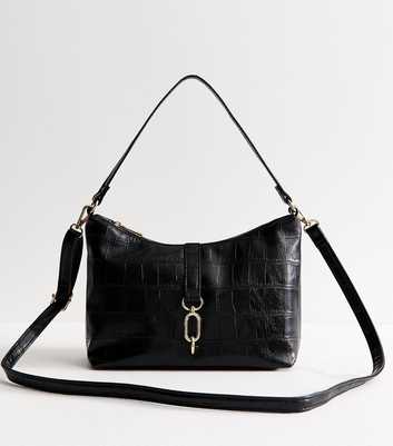 Black Faux Leather Crocodile Embossed Dual Strap Mini Shoulder Bag