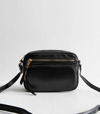 Black Patent Faux Leather Zipped Crossbody Camera Bag