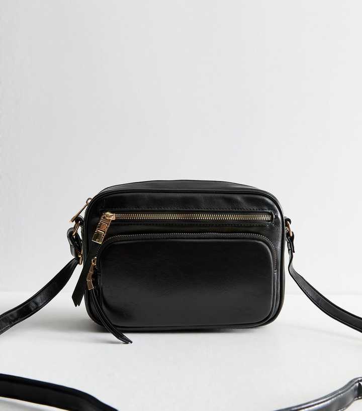 Black Patent Faux Leather Zipped Crossbody Camera Bag
