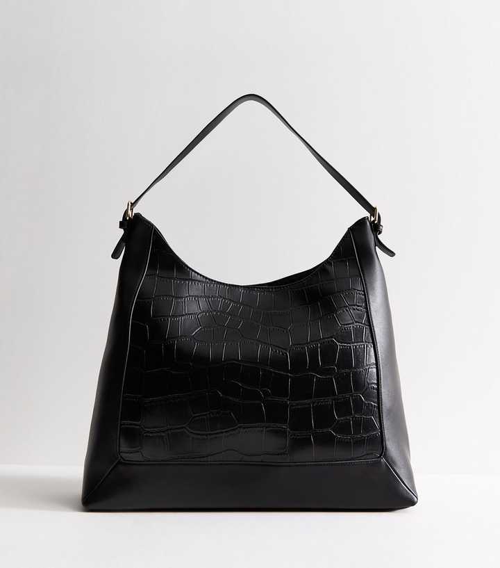 Black Faux Leather Crocodile Embossed Hobo Shoulder Bag