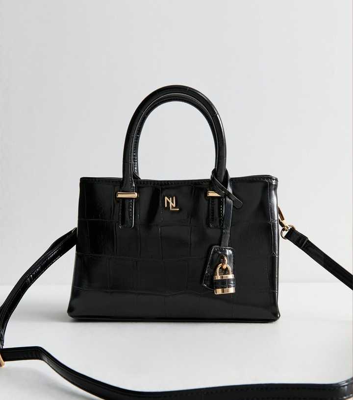 Black Faux Patent Leather Crocodile Embossed Crossbody Mini Bag