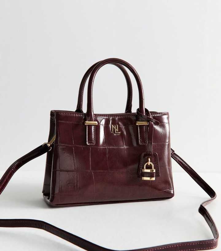 Dark Burgundy Faux Patent Leather Crocodile Embossed Crossbody Mini Bag