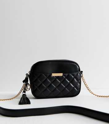 Black Faux Leather Chevron Quilted Pocket Crossbody Bag