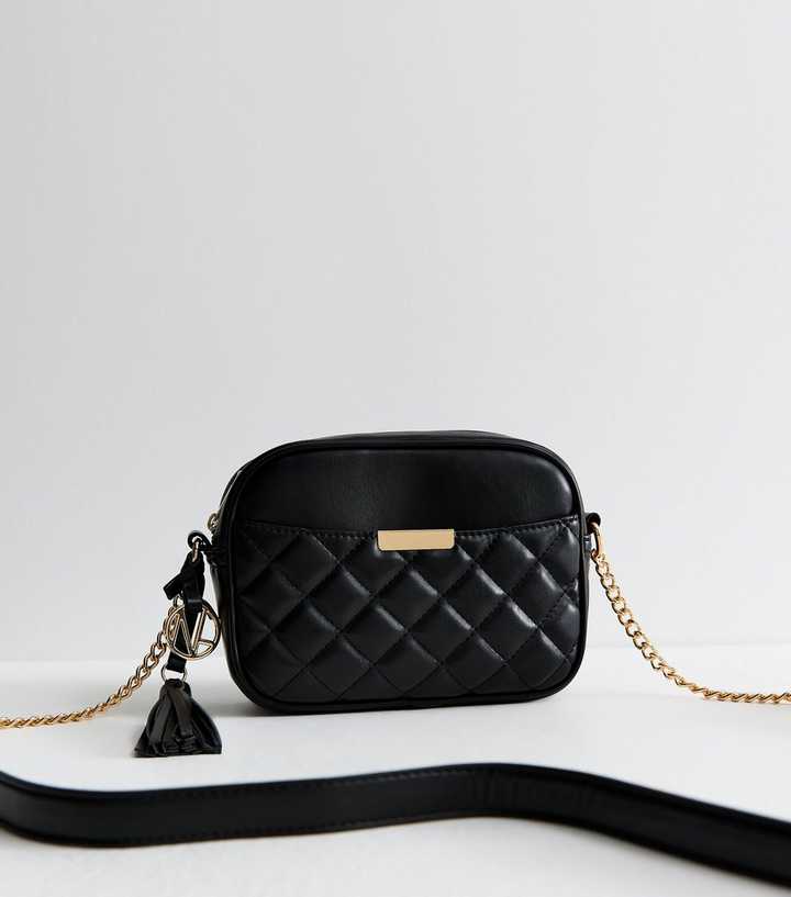 Black Faux Leather Chevron Quilted Pocket Crossbody Bag