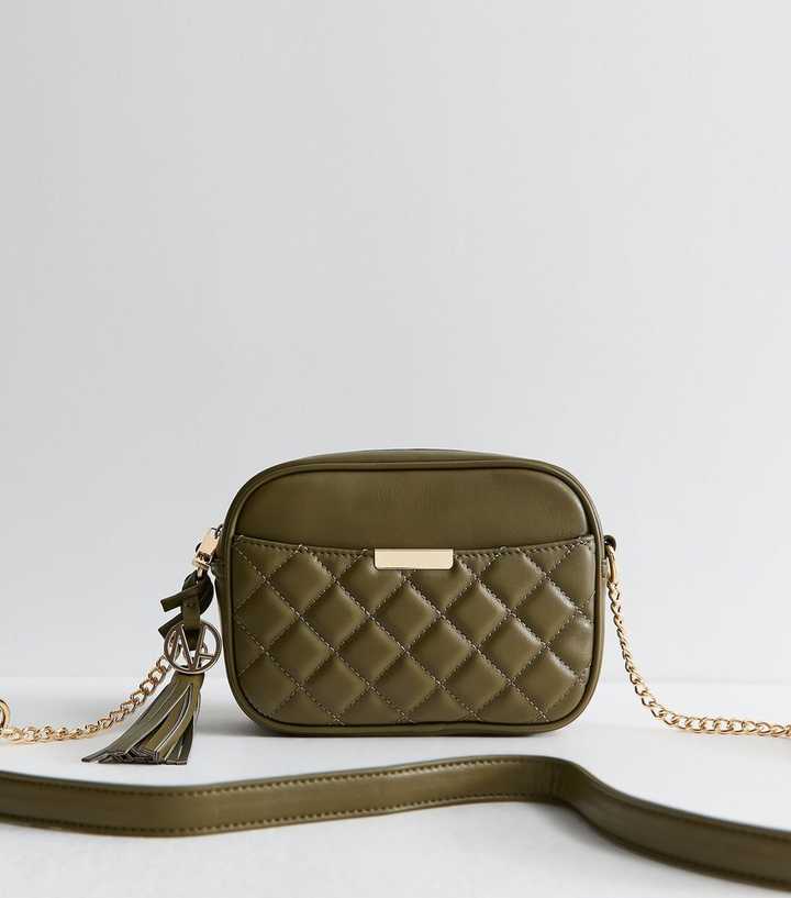 Dark Khaki Chevron Quilted Pocket Crossbody Bag
