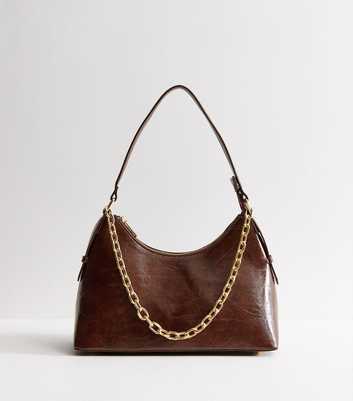 Dark Brown Patent Faux Leather Chain Strap Shoulder Bag