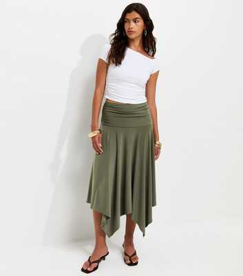 Dark Khaki Folded Waistband Handkerchief Hem Skirt