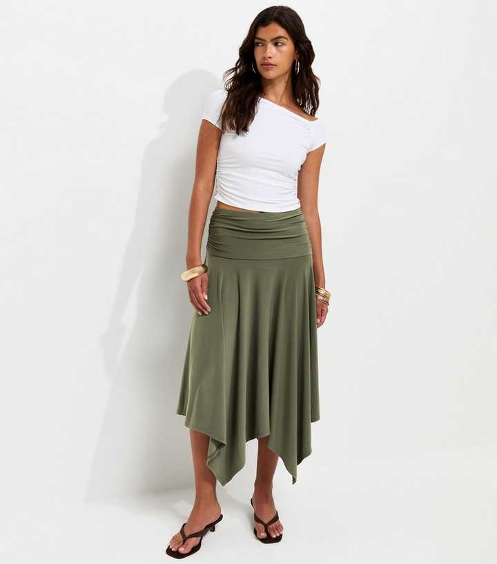 Dark Khaki Folded Waistband Handkerchief Hem Skirt