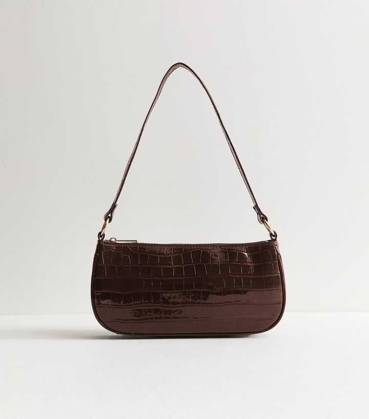 Dark Brown Patent Faux Leather Crocodile Embossed Shoulder Bag