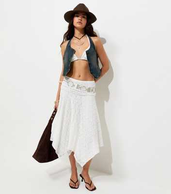 White Lace Folded Waistband Handkerchief Hem Midi Skirt