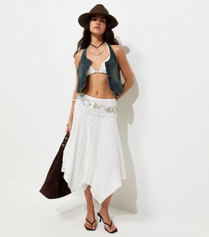 White Lace Folded Waistband Handkerchief Hem Midi Skirt