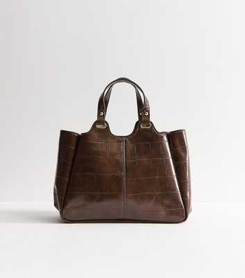Dark Brown Faux Leather Crocodile Embossed Mini Shopper Tote Bag