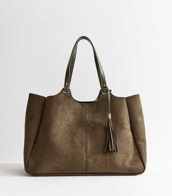 Light Khaki Faux Suede Shopper Tote Bag
