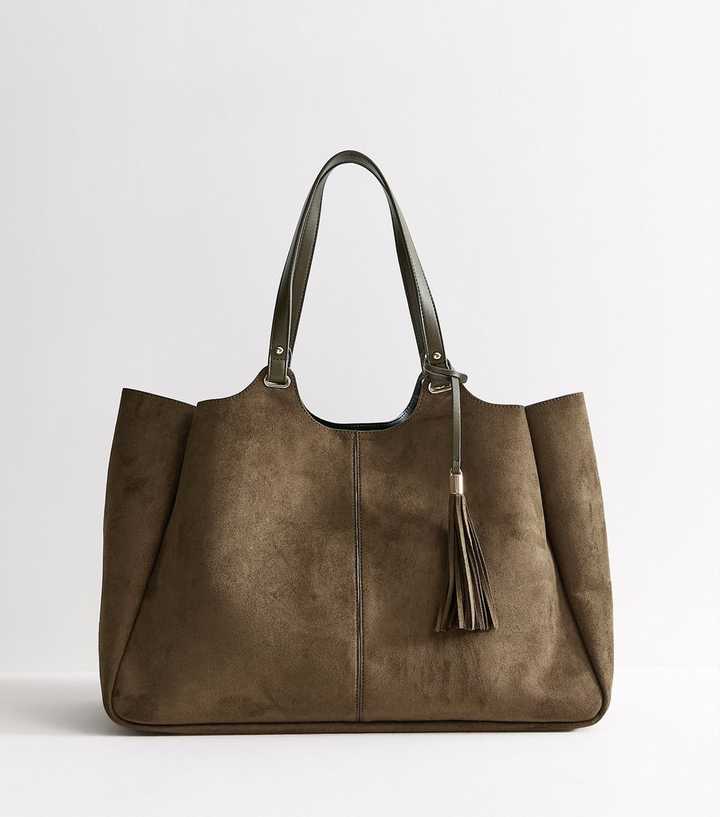 Light Khaki Faux Suede Shopper Tote Bag