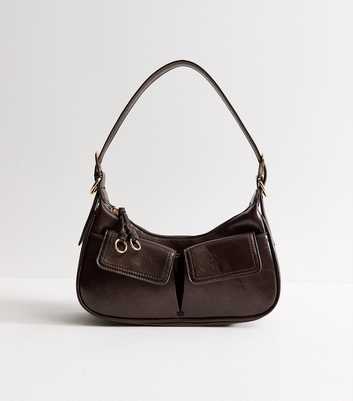 Dark Brown Patent Faux Leather Utility Shoulder Bag
