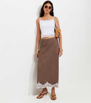 Dark Brown Lace Trim Woven Midi Pencil Skirt