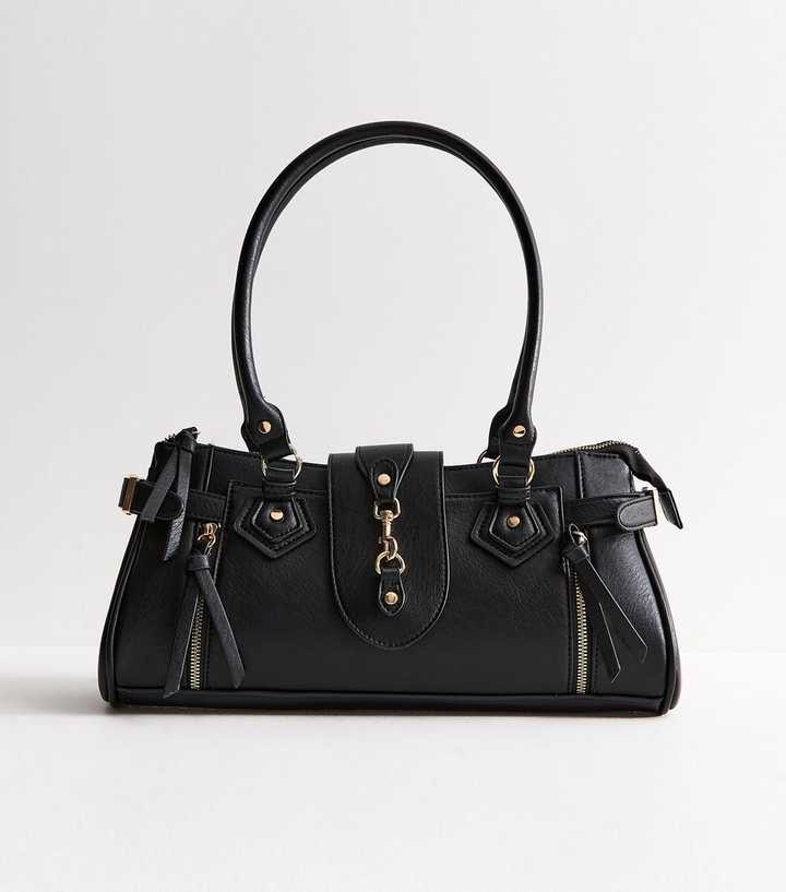 Black Faux Leather Dog Clip Detail Shoulder Bag