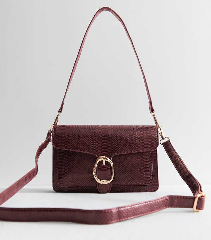 Dark Burgundy Faux Snakeskin Sculpted Buckle Shoulder Bag