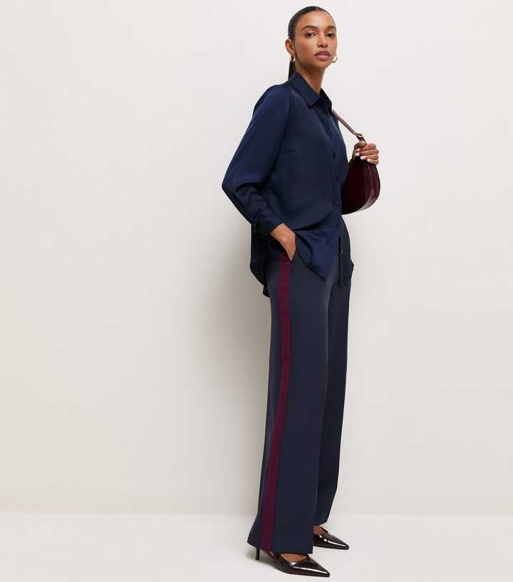Navy Side Stripe Wide Leg Trousers
