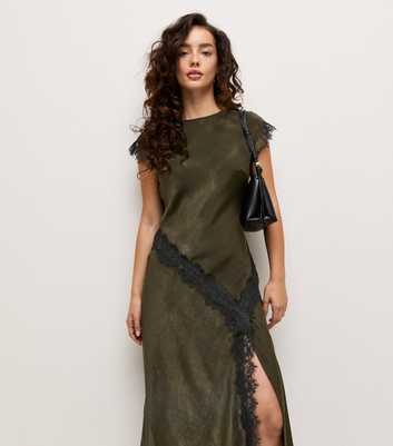 Petite Dark Khaki Lace Trim Bias Midi Dress