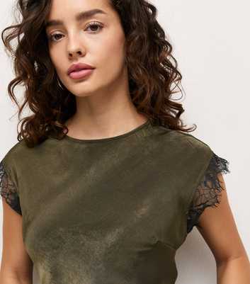 Petite Dark Khaki Lace Trim Bias Midi Dress