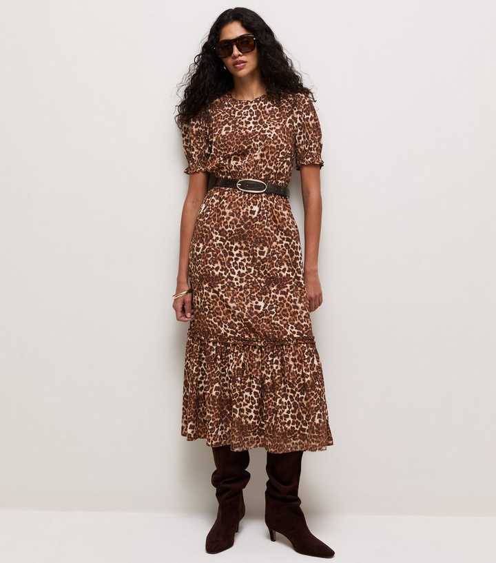 Brown Crepe Leopard Print Short Sleeve Midi Dress