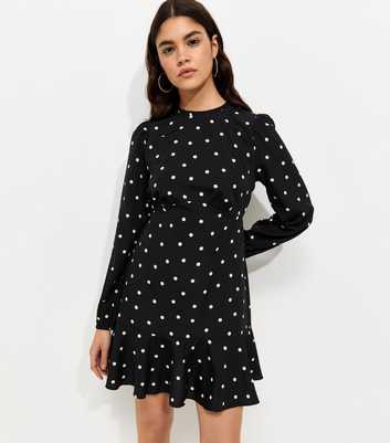 Black Polka Dot Frill Neck Long Sleeve Mini Dress