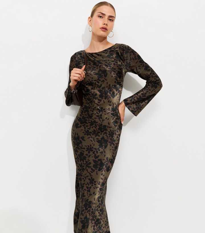 Green Long Sleeve Floral Midi Dress