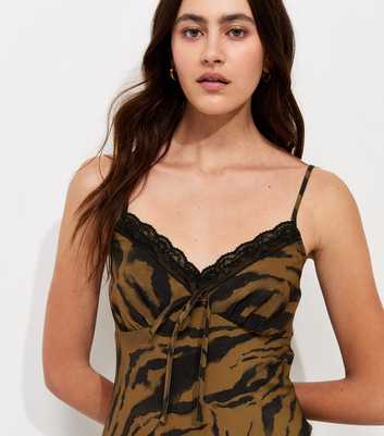 Brown Tiger Print Lace Trim Midi Dress