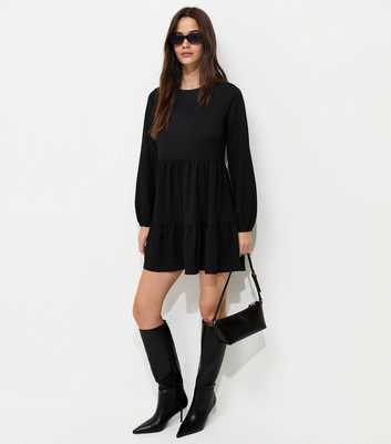Black Crinkled Long Sleeve Smock Mini Dress