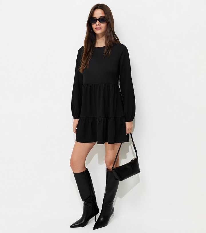 Black Crinkled Long Sleeve Smock Mini Dress