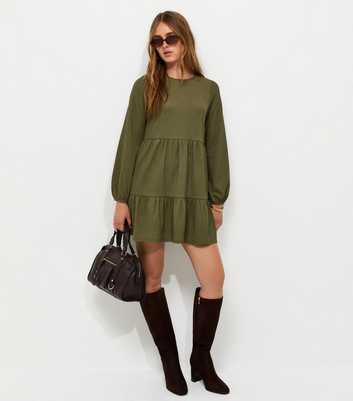 Dark Khaki Crinkled Long Sleeve Smock Mini Dress