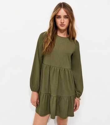Dark Khaki Crinkled Long Sleeve Smock Mini Dress