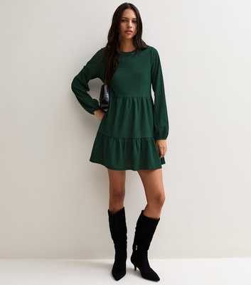Dark Green Crinkled Long Sleeve Smock Mini Dress