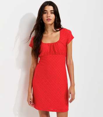 Bright Red Broderie Anglaise Ruched Bodice Mini Dress