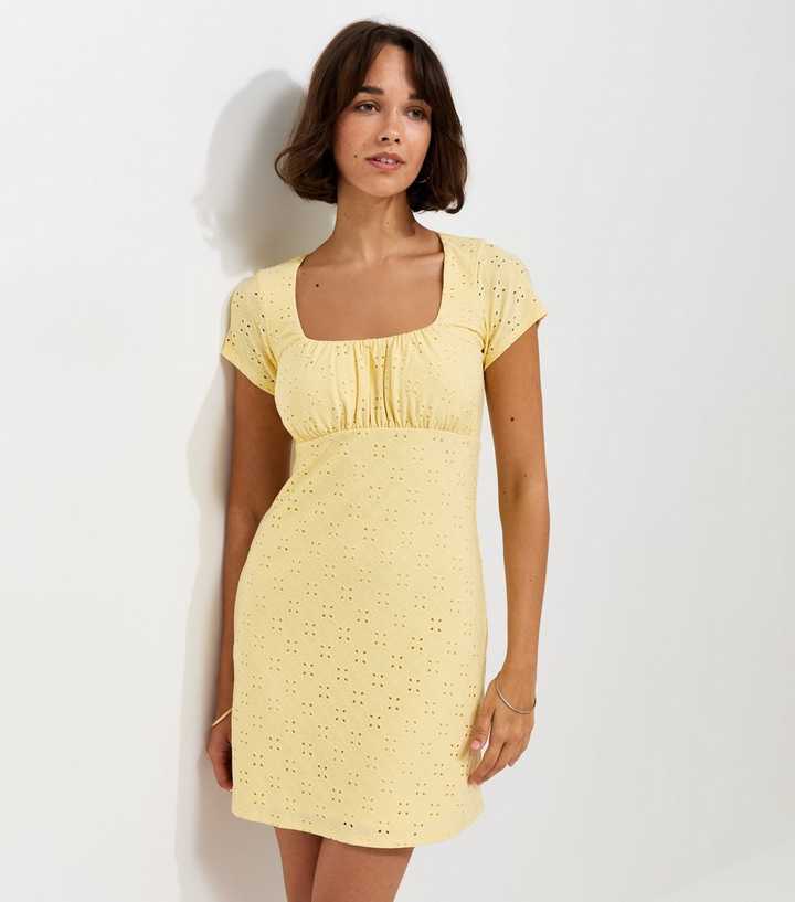 Light Yellow Broderie Anglaise Ruched Bodice Mini Dress