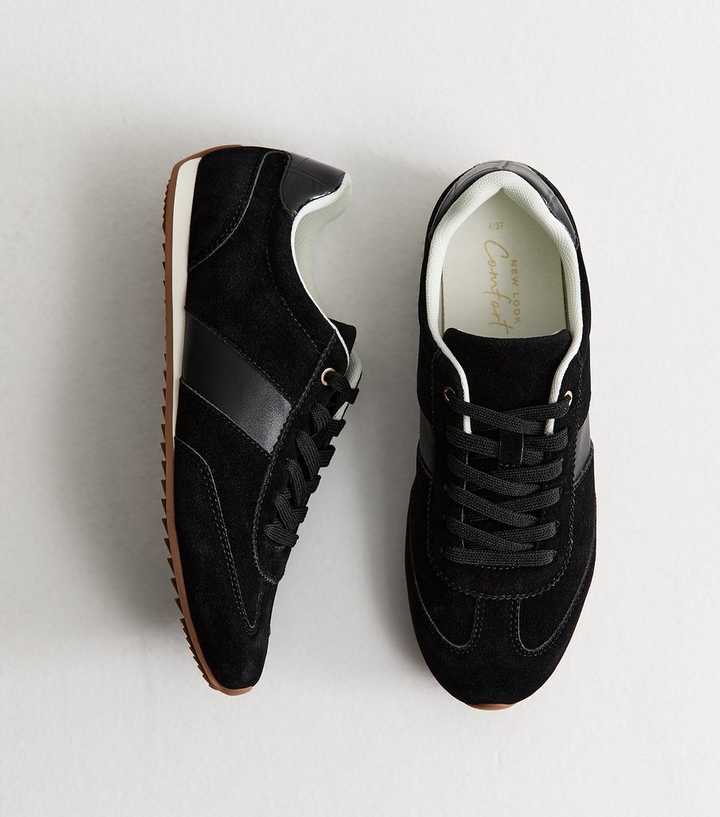 Black Faux Brushed Leather Side Stripe Trainers