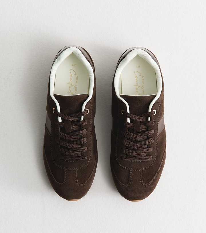 Dark Brown Faux Brushed Leather Side Stripe Trainers