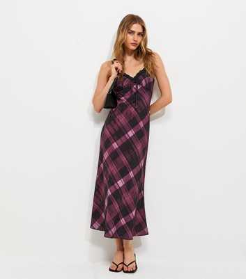 Pink Checked Lace Trim Midi Dress