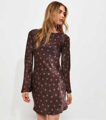 Brown Satin Long Sleeve Spot Mini Dress