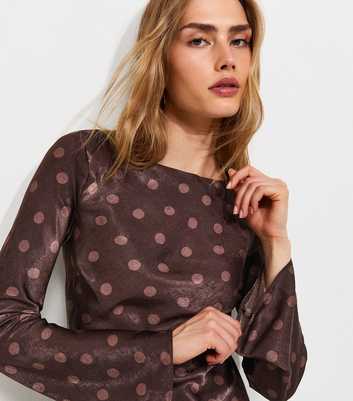 Brown Satin Long Sleeve Spot Mini Dress
