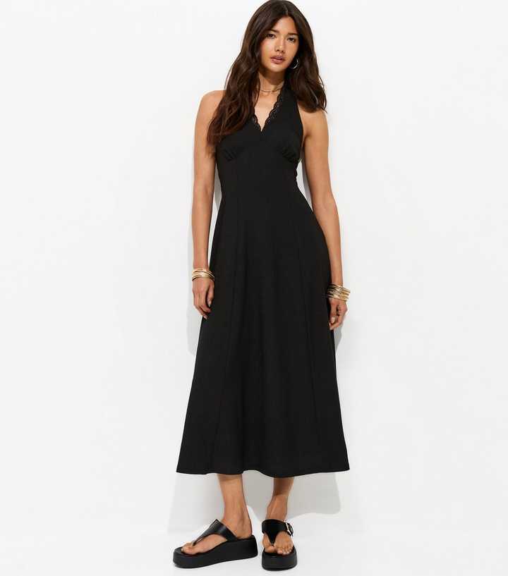 Black Crinkle Texture Halter V Neck Lace Midi Dress