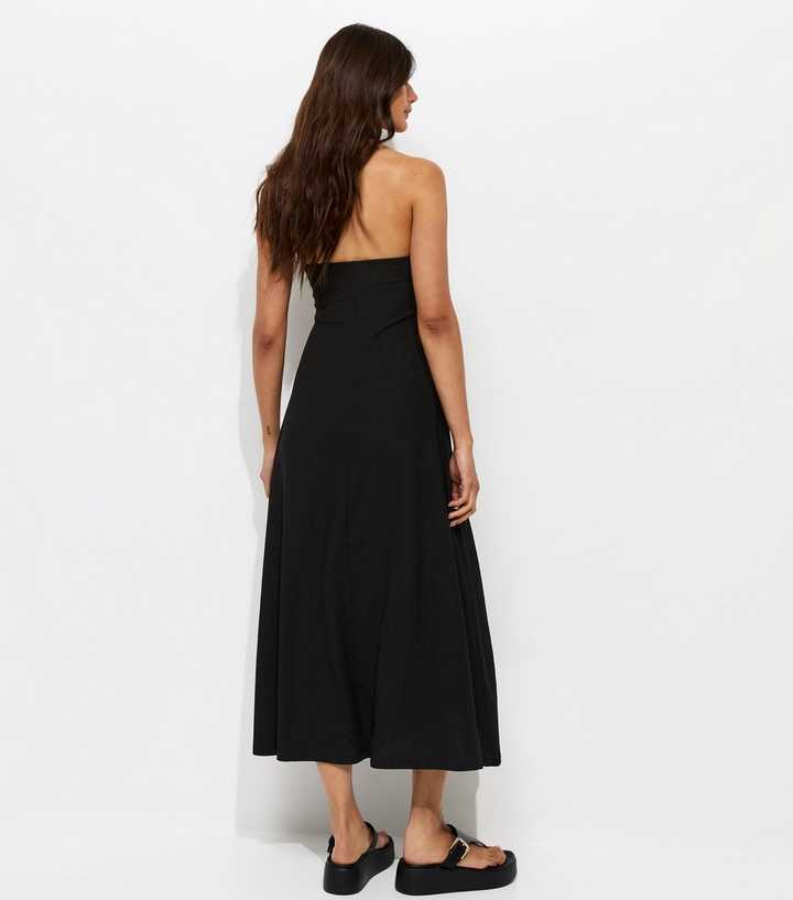 Black Crinkle Texture Halter V Neck Lace Midi Dress | New Look